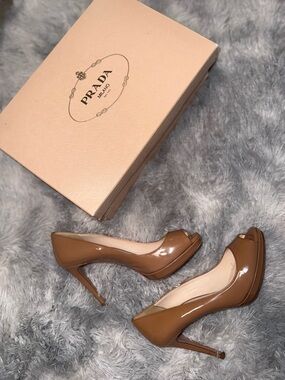 Prada Tan Patent Leather Peep-Toe Heels